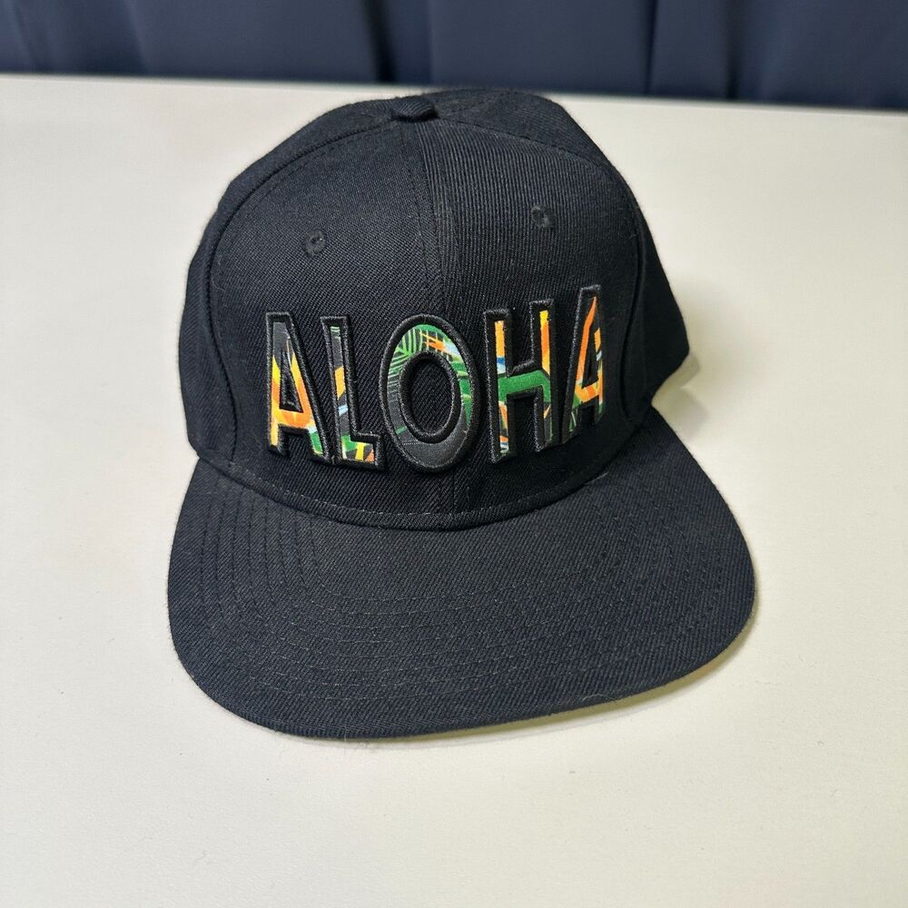 Robin Ruth ALOHA Hawaii Snapback Hat Black Tropical Floral Cap Adjustable OS